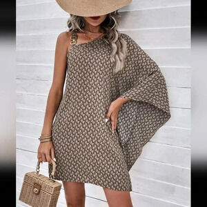 Allover Print Asymmetrical Neck Batwing Sleeve Dress